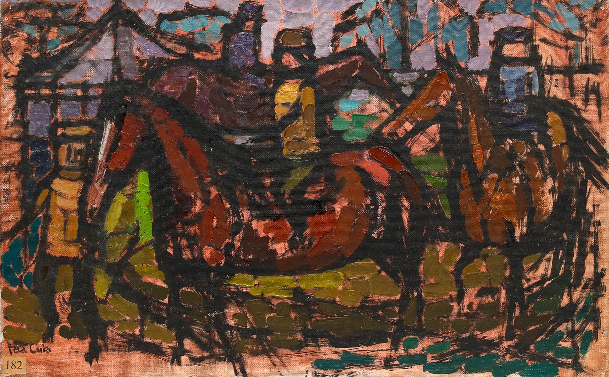 Ida Cooke (1909-1982) - Mitte des 20. Jahrhunderts Öl, Pferderennen im Angebot 1