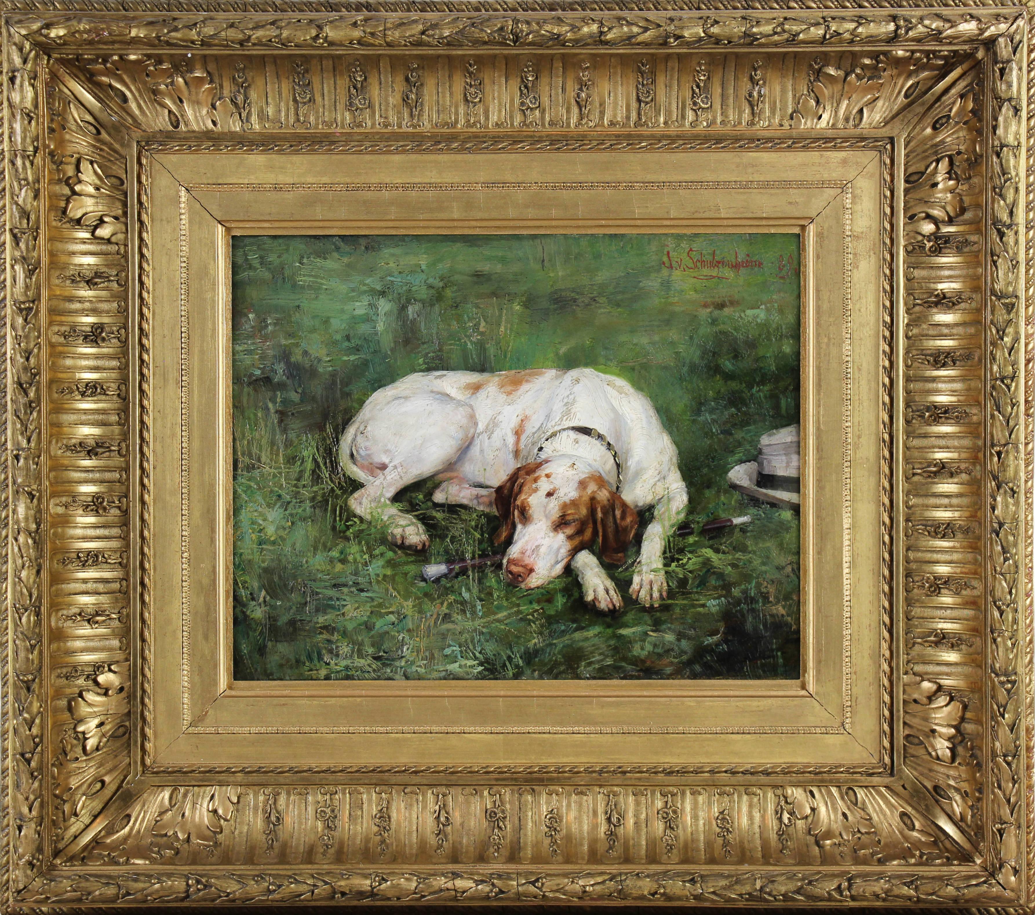 Chien au repos dans un paysage " The fidelity " peinture à l'huile suédoise sur panneau