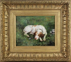 Resting Dog in a landscape " the fidelity " Swedish oil painting on panel