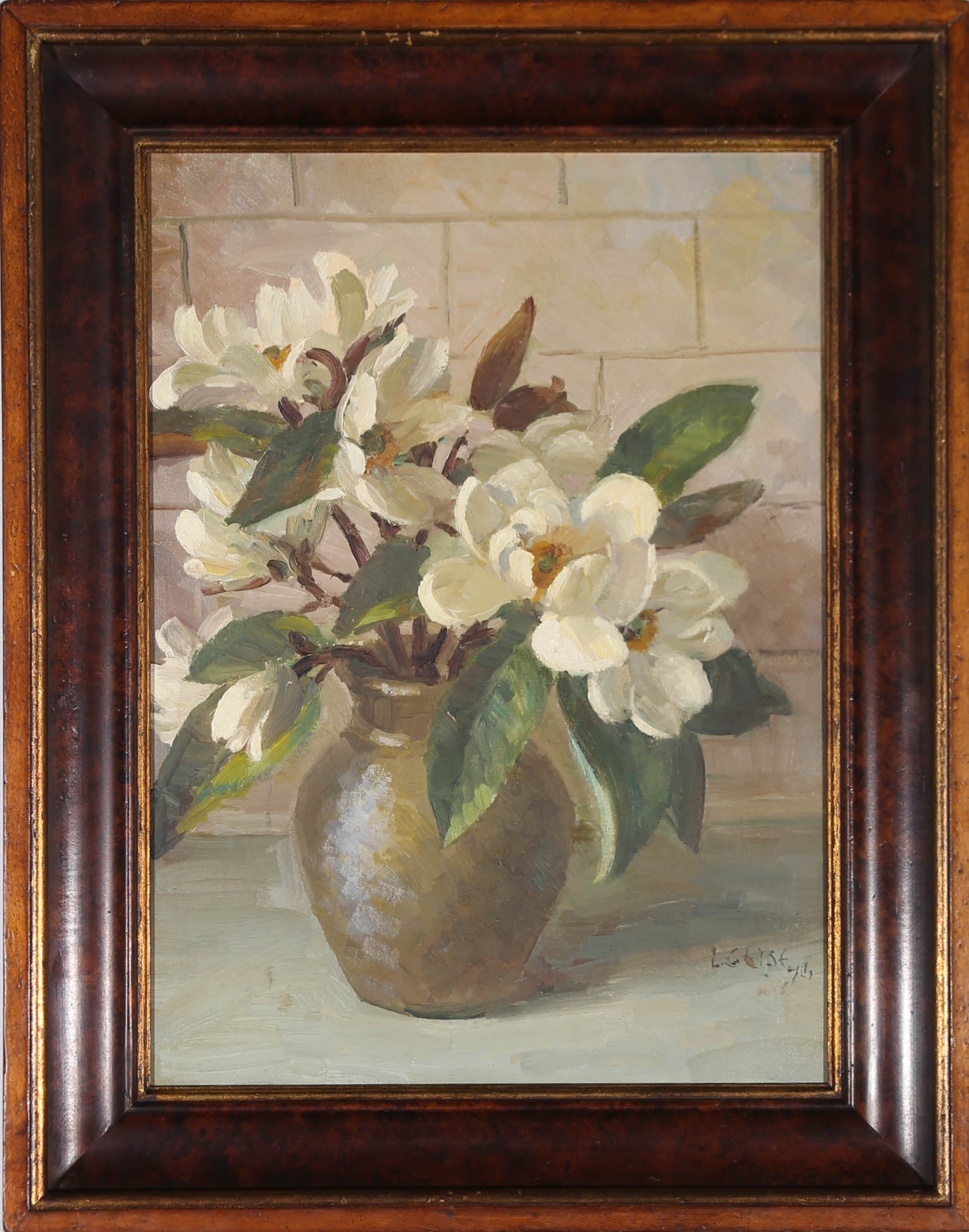 This beautiful impressionistic study by New Zealand artist Ida G. Eise MBE (1894-1978), depicts a still life of cut lilies flowering on a sunny kitchen counter. The painting is signed and dated to the lower right and has been attractively presented