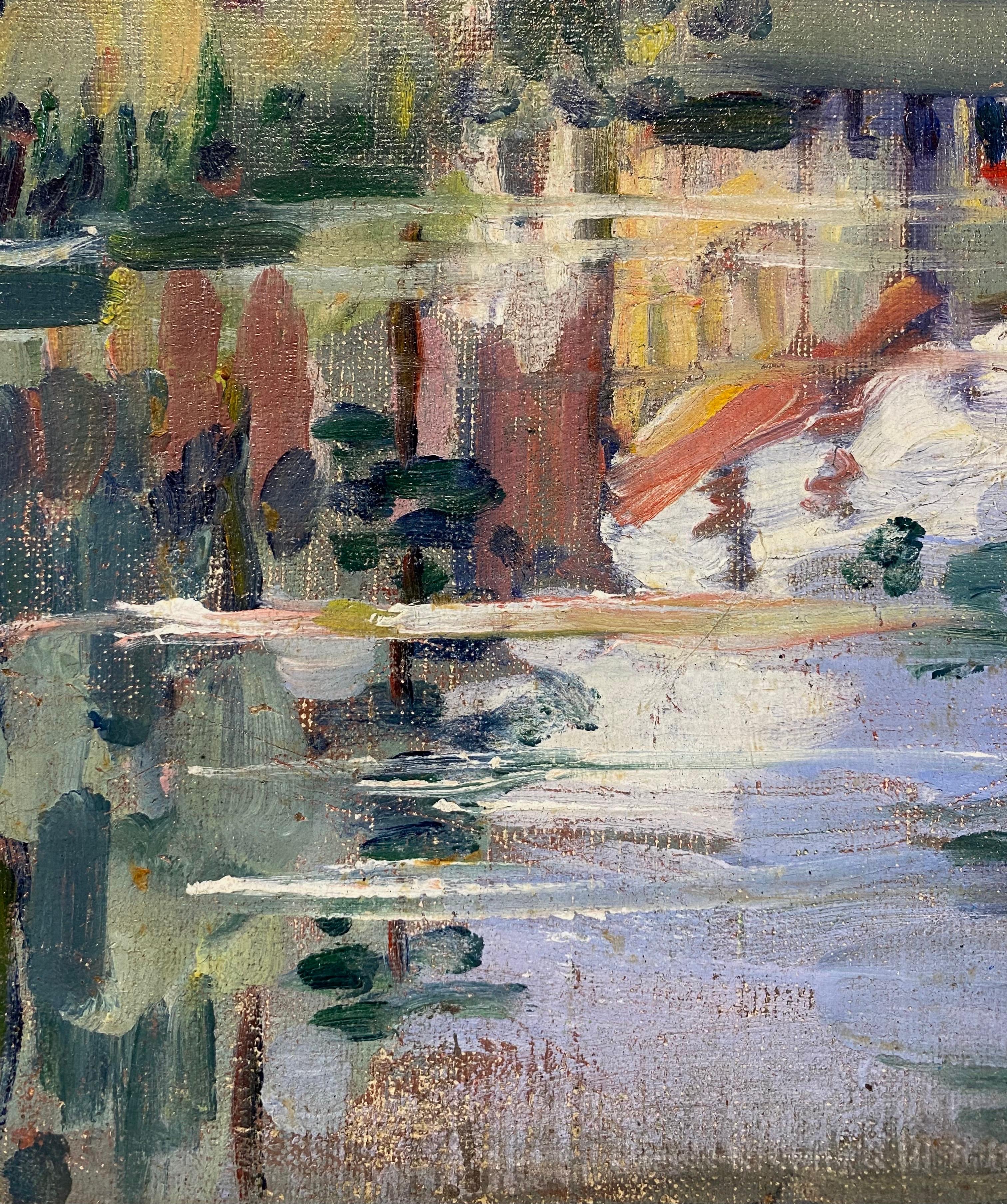 “Bridge Over Canal, New Hope” American Impressionist Pennsylvania Suffragist Oil (Braun), Landscape Painting, von Ida Sedgwick Proper