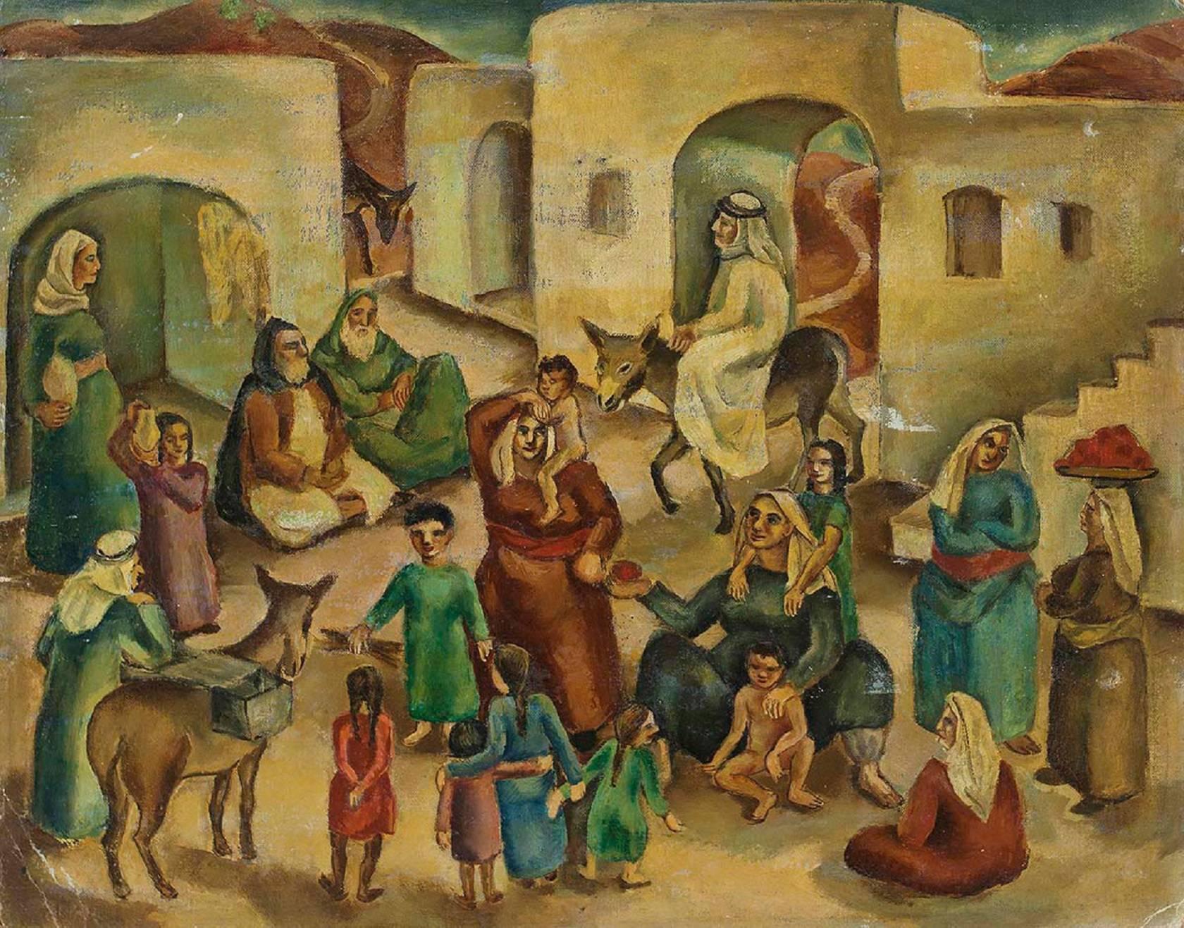 Pueblo judío Palestina/Israel D.C. 1930 Pintura modernista - Painting de Ida Shelesnyak Mirrof
