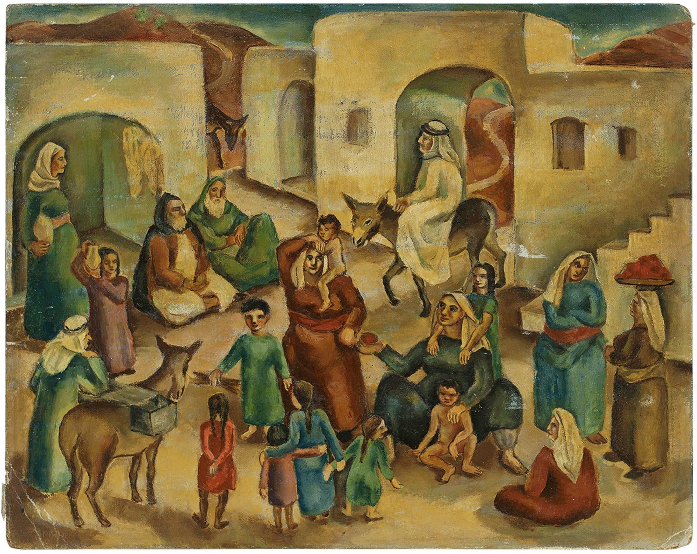 Figurative Painting Ida Shelesnyak Mirrof - Village juif Palestine/Israël C.1930s Peinture moderniste