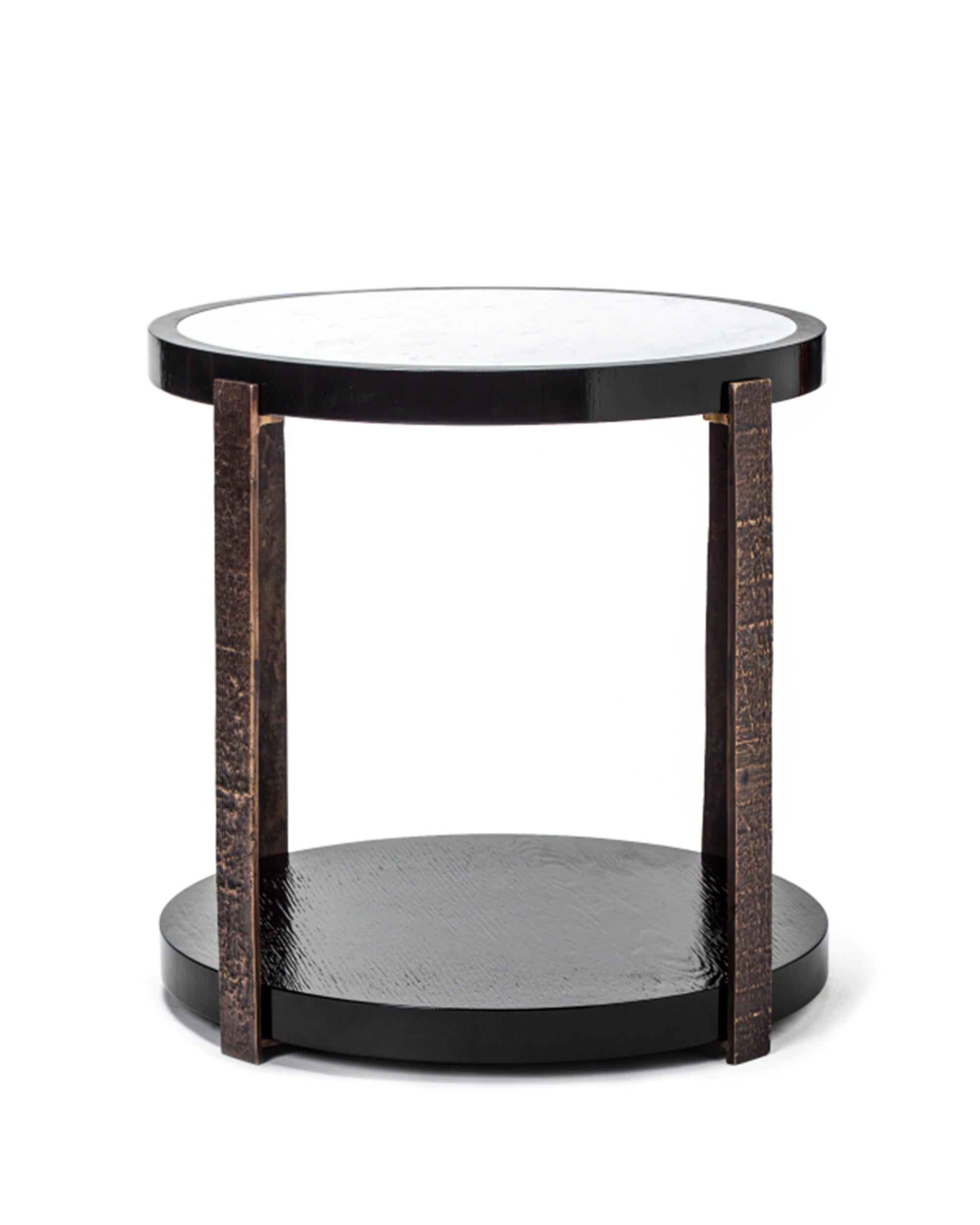 Portuguese Ida Side Table, Sand Brushed Black Oak and Carraca Marble Top by Duistt For Sale