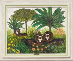 Vintage American Modernist Surreal Outsider "Lions Lounging" Landscape Painting