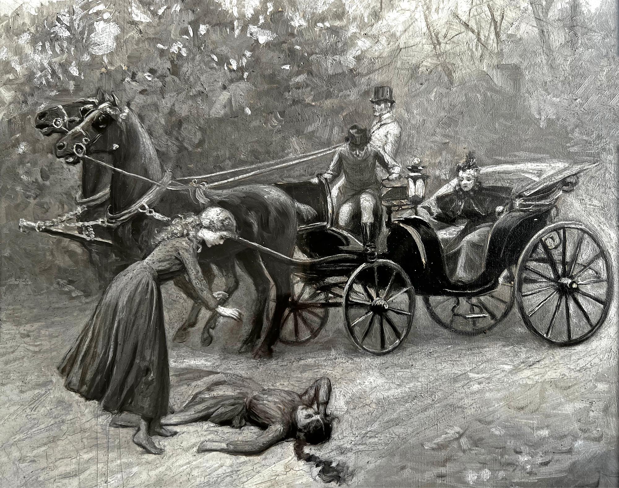 Horse and Carriage accident - Gay Female Illustrator Golden Age, Pferd und Kutschenunfall – Painting von Ida Waugh