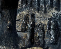 Hungry Wolves Hunt a  Women Up a Tree at Night - Gay Female Illustrator