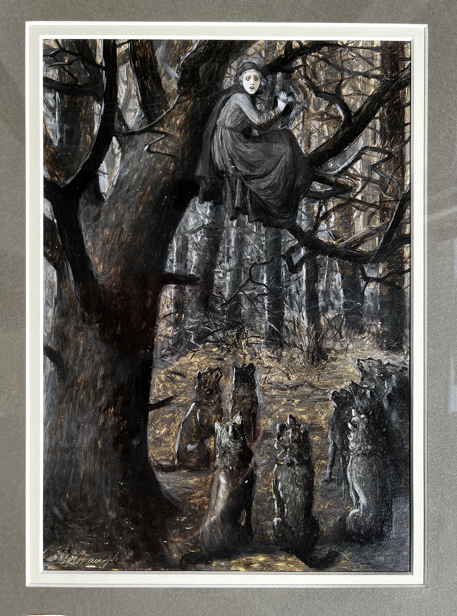 Ida Waugh Animal Painting - Hungry Wolves Hunt a  Women Up a Tree at Night - Gay Female Illustrator 
