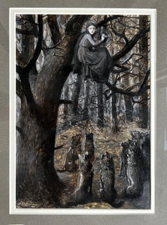 Hungry Wolves Hunt a  Women Up a Tree at Night - Gay Female Illustrator 