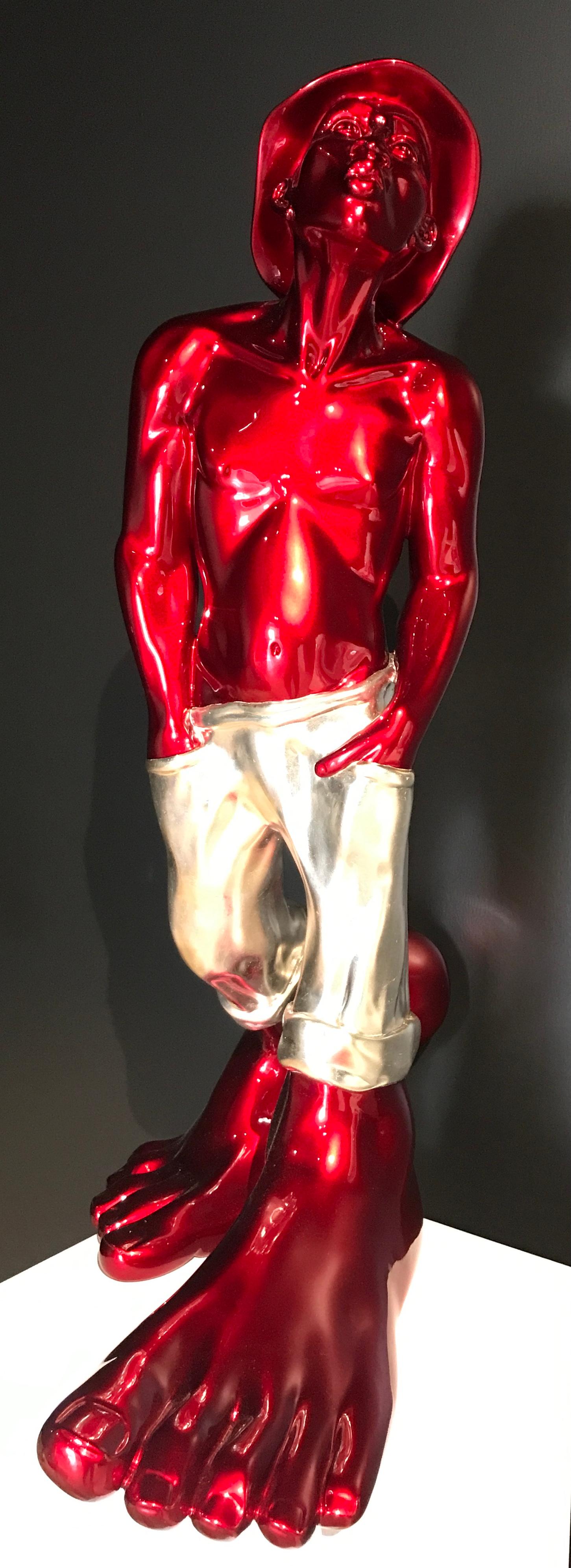 Signed and numbered limited edition number 2 of 8. 

Resin sculpture with Candy Apple red metallic paint and silver leaf with a warm silvery gold finish. 

Idan Zareski was born in Haifa, Israel, and he has French nationality. Life would take him