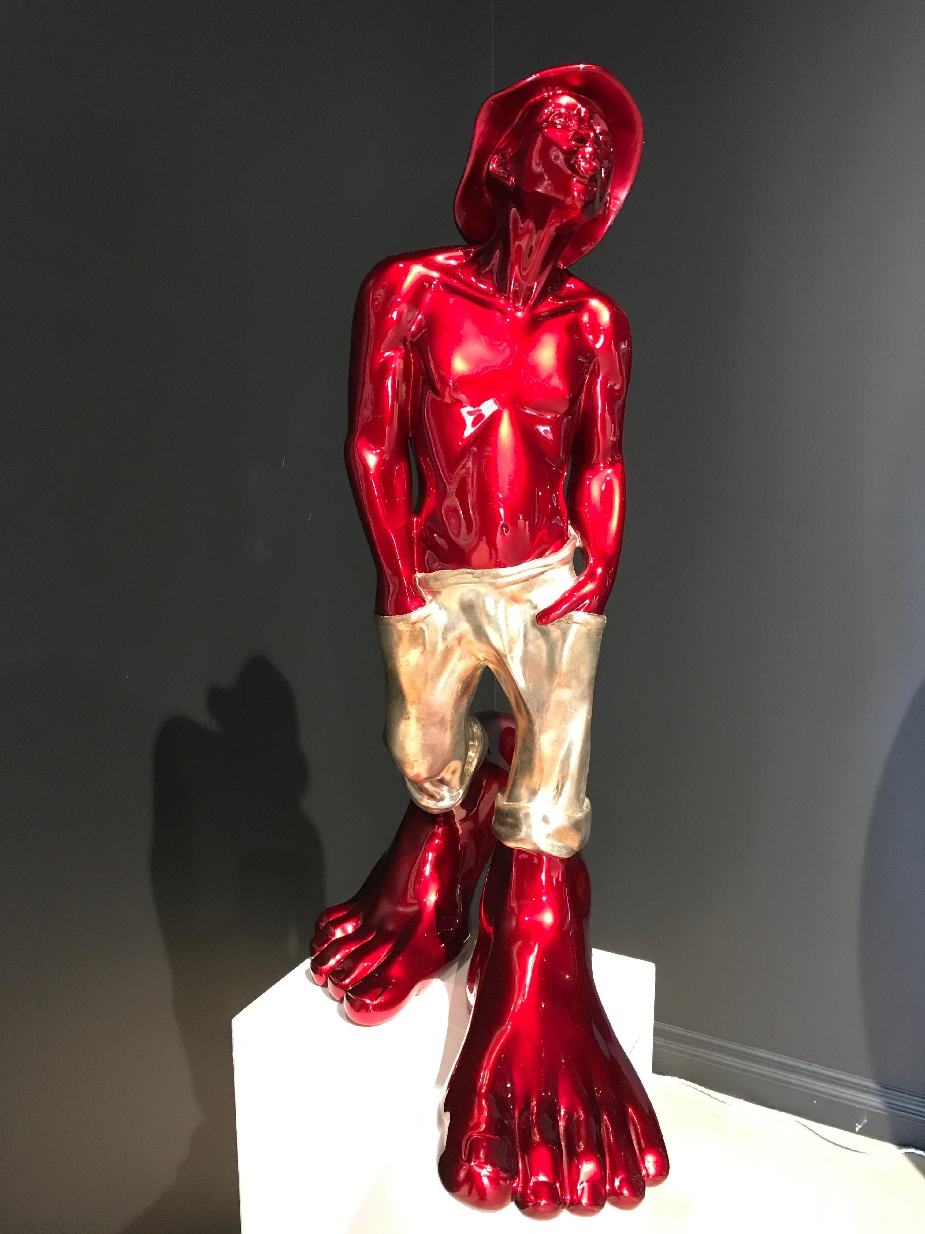 Figurative Sculpture Idan Zareski - Le Siffleur Rouge/Argent