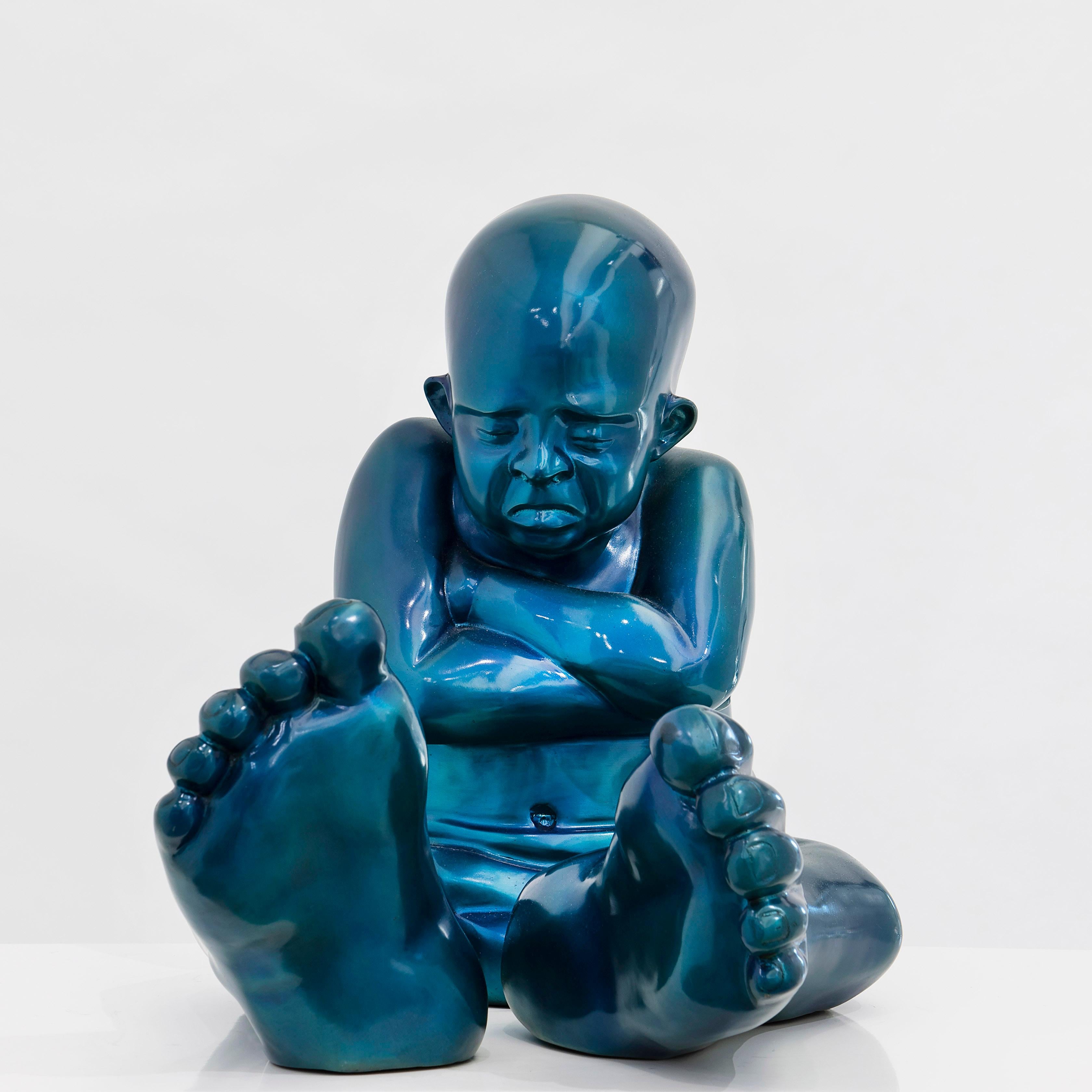 Idan Zareski Figurative Sculpture - Babyfoot - Blue Bronze