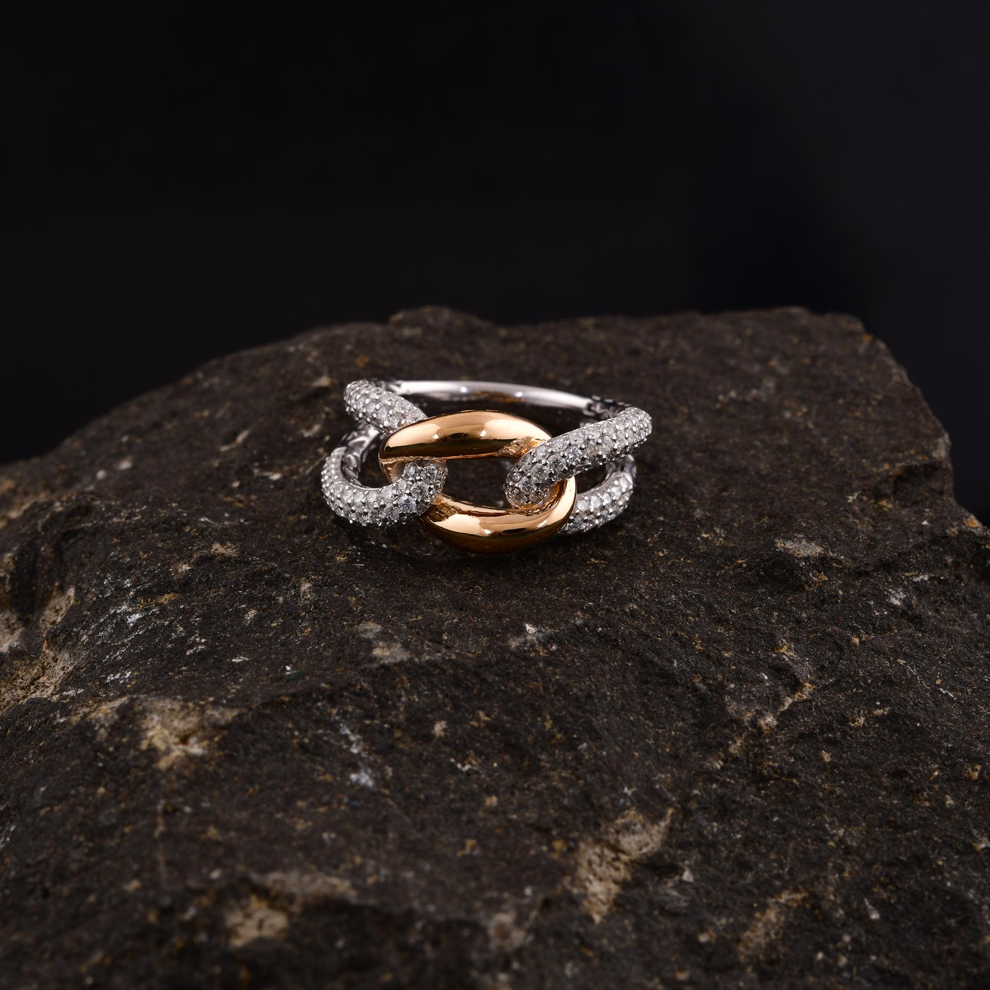Women's IDCL Certified Diamond Cuban Chain Link Ring 14 Karat White Yellow Gold Jewelry For Sale