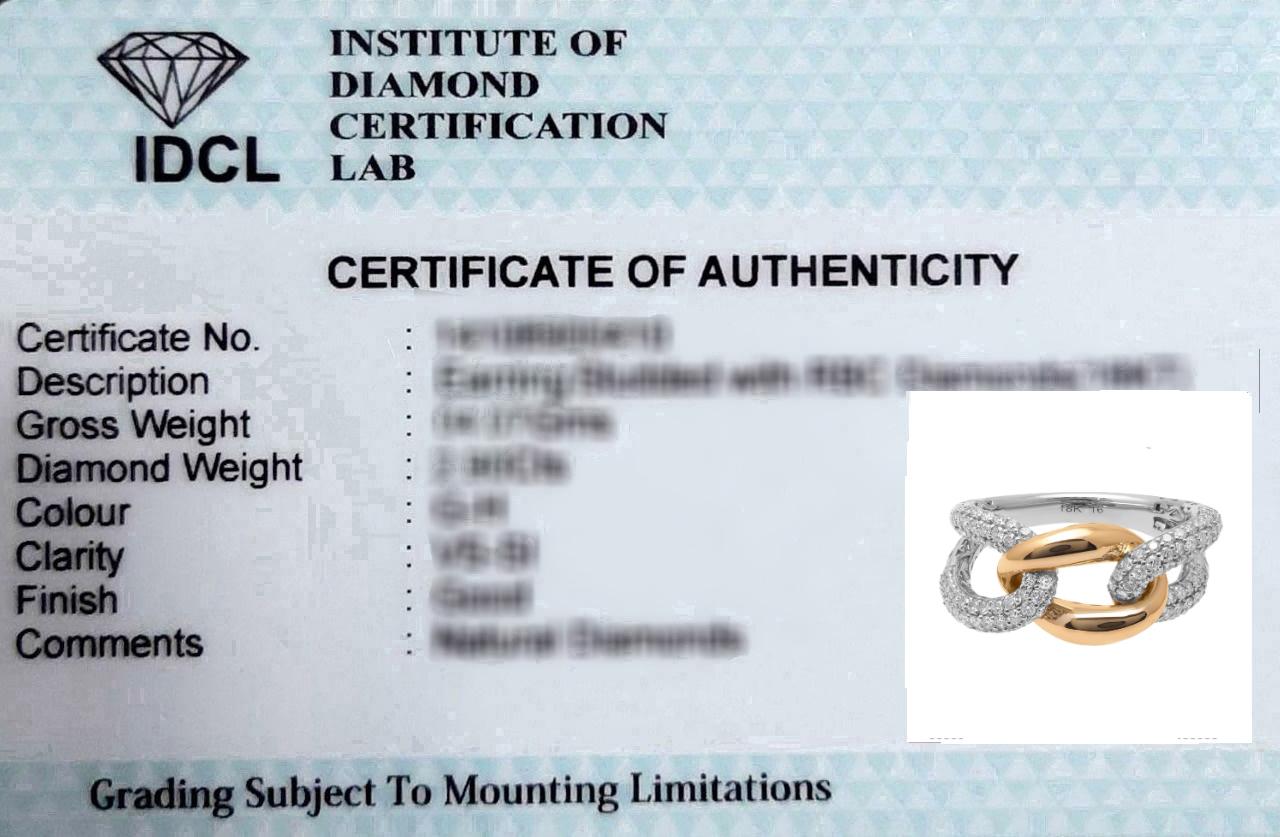 IDCL Certified Diamond Cuban Chain Link Ring 14 Karat White Yellow Gold Jewelry For Sale 2
