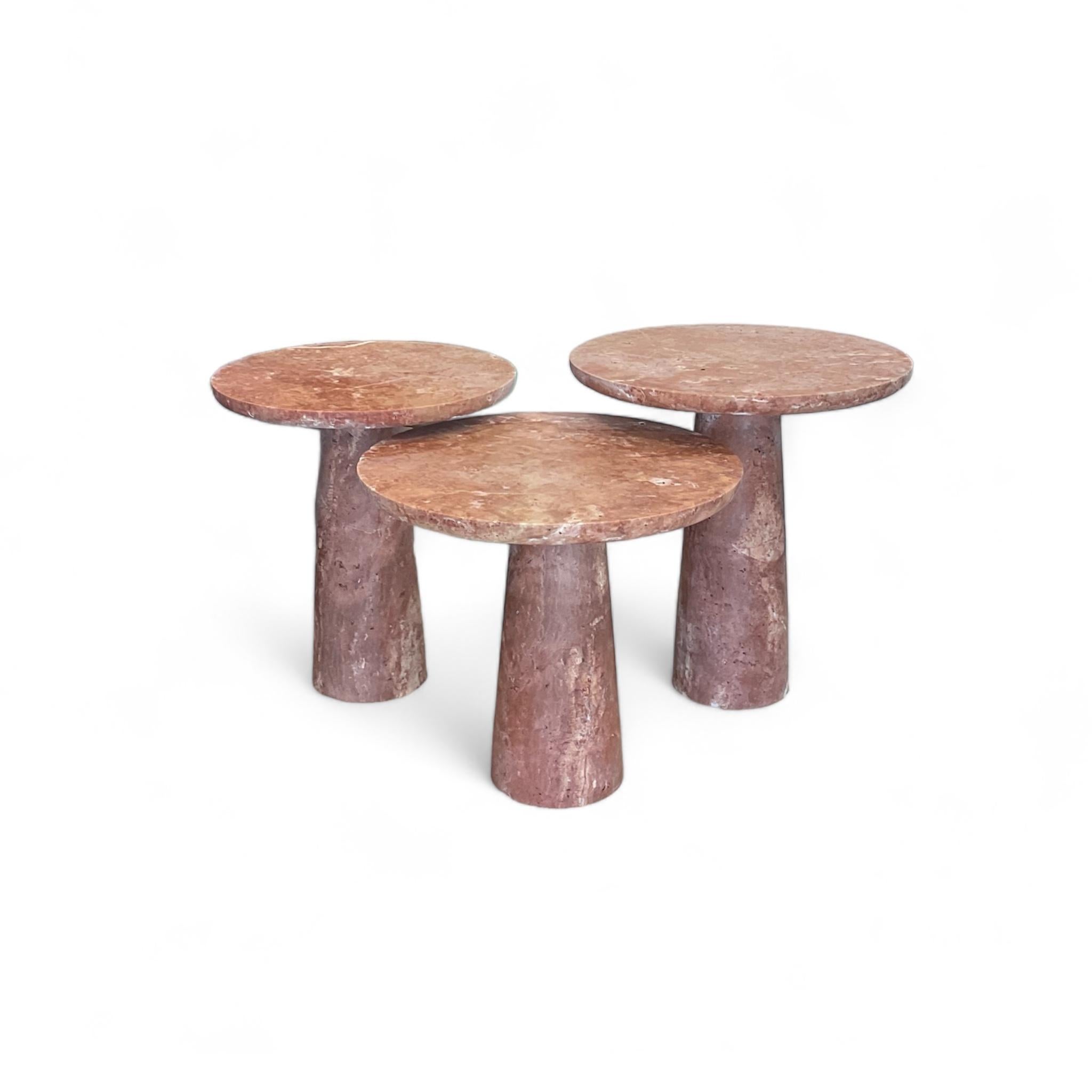 Hand-Crafted IDE Side Table in Red Travertine, 15.8”Øx17.7H Travertine Stone Coffee Table Set For Sale