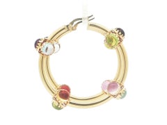Idea D'oro Italian 18k Yellow Gold Cabochon Colorful Gemstone Hoop Earrings