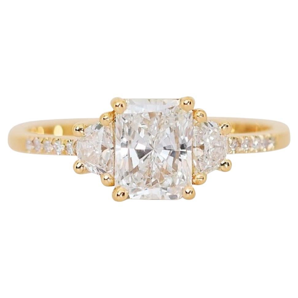 Ideal Cut Radiant 3 stones Ring w/ half moon made from 18k Yellow Gold w/1.36 ct For Sale