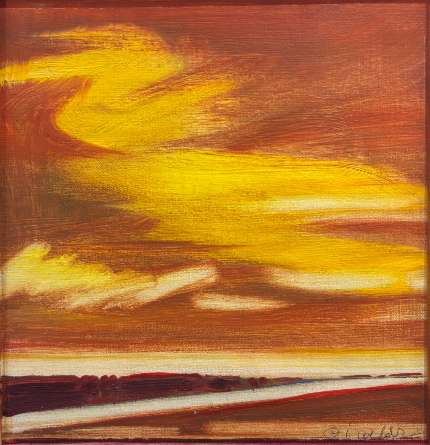 Burma Shave, Paesaggio astratto giallo dorato, 5×5, incorniciato 16×16