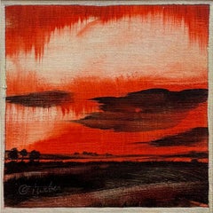 Long Day, Small-Scale Sunset Landscape Painting, 5 x 5 in, Framed 16.75 x 16.75