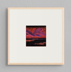 Lunettes de couleur rose Peinture de paysage atmosphérique au coucher du soleil, 5x5 in, 17x17 encadré