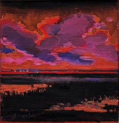 Rose Colored Glasses Atmospheric Sunset Landscape Painting, 5x5 in, 17x17 framed