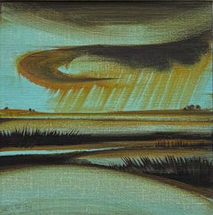 La franja - Pintura de paisaje atmosférico de los años 90, 5 × 5 pulg. (17 × 17 enmarcada)