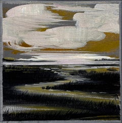 Zephyr – Stimmungsvolles abstraktes Landschaftsgemälde, 5,25 x 5,25 Zoll, gerahmt 16 x 16