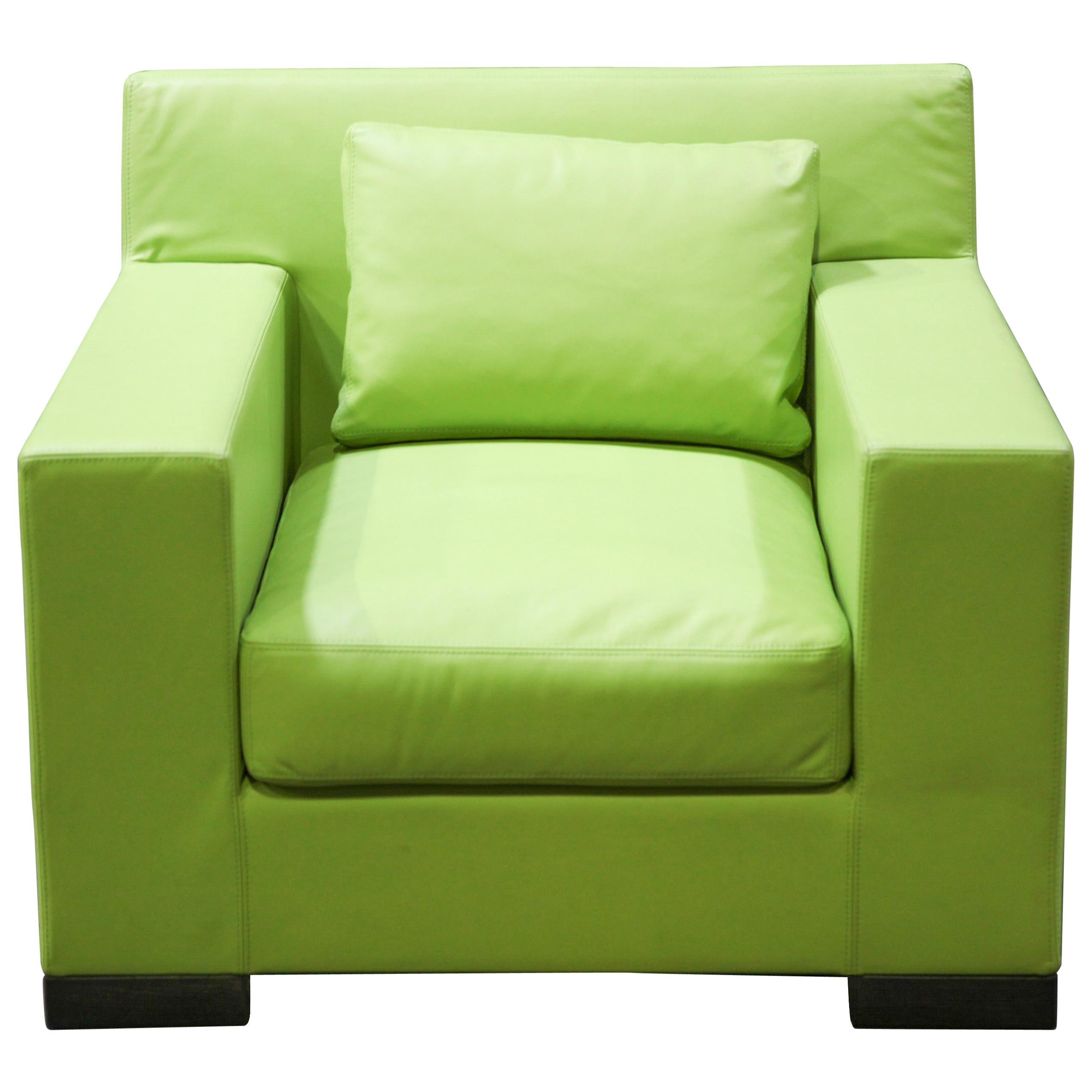 Ideo Modern Club Chair in Green Leather Upholstery