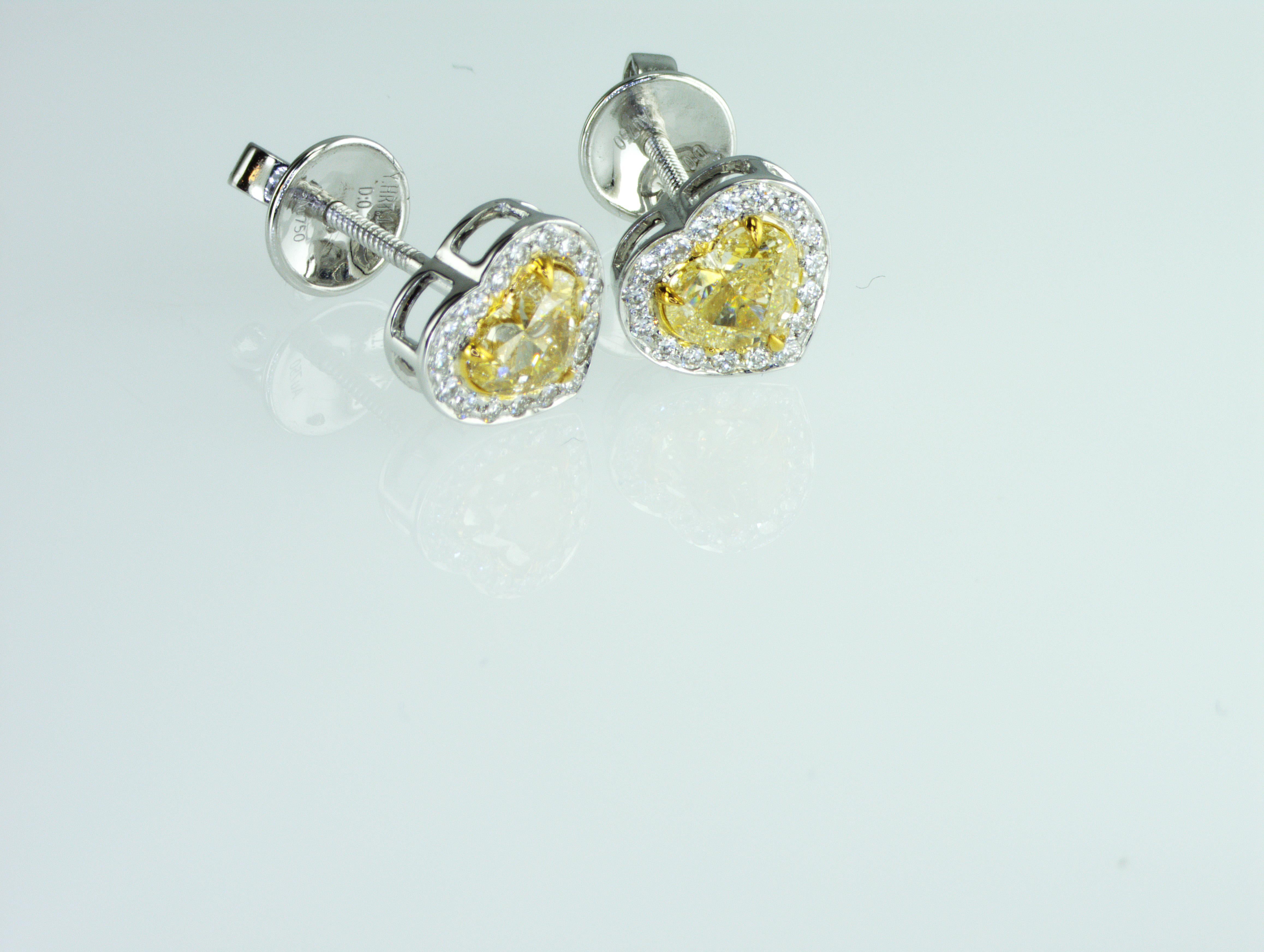 We are natural diamond production company located in Dubai.
Rare 1.42 carat Fancy Yellow Heart shape natural diamonds Earrings.
Total weight of natural diamonds is 1.42 carat. All our diamonds, jewelry and gemstones are certified by well known