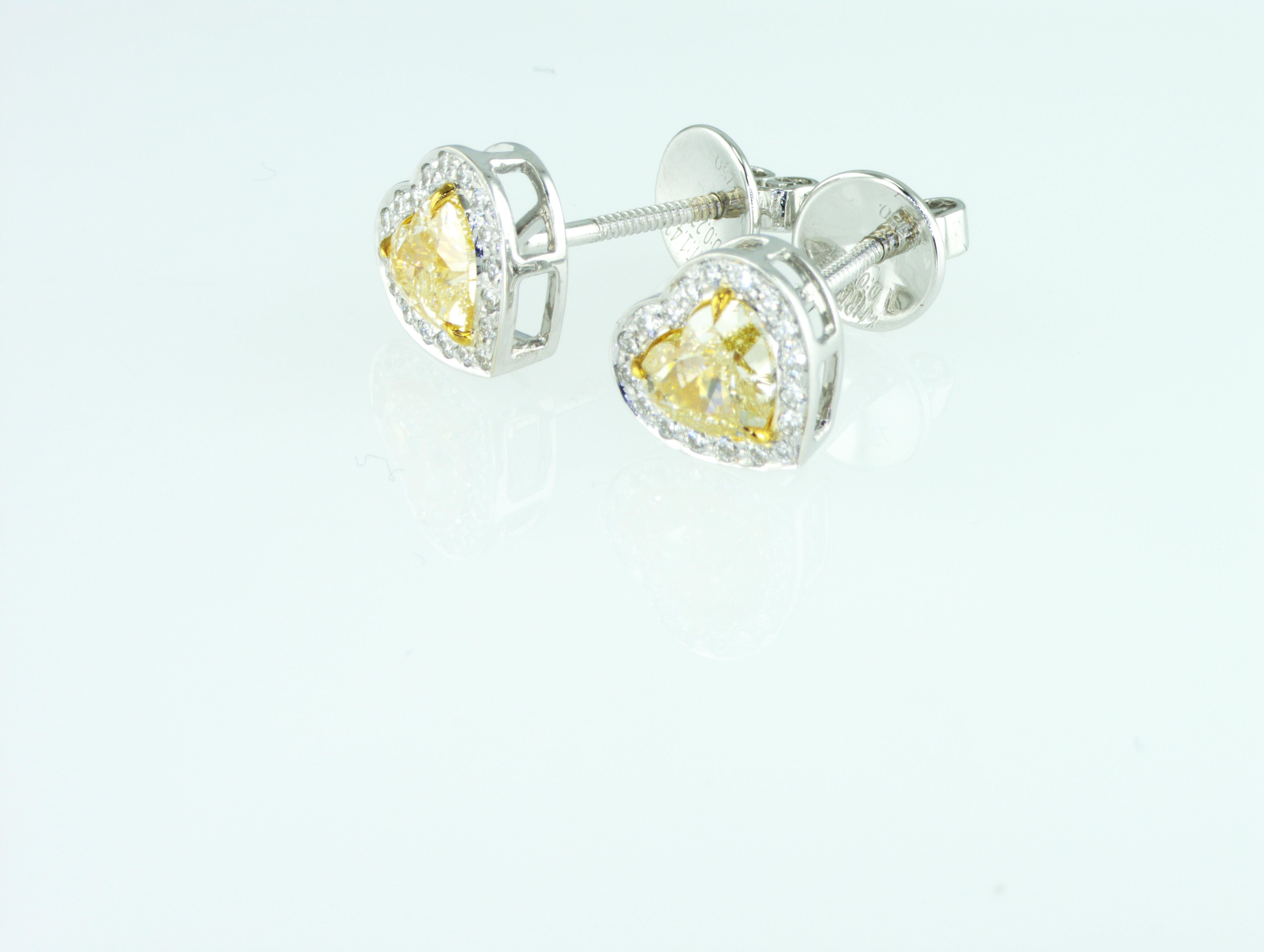 Modern IDL certified 1.66 carat Fancy Yellow Heart shape natural diamonds Earrings For Sale