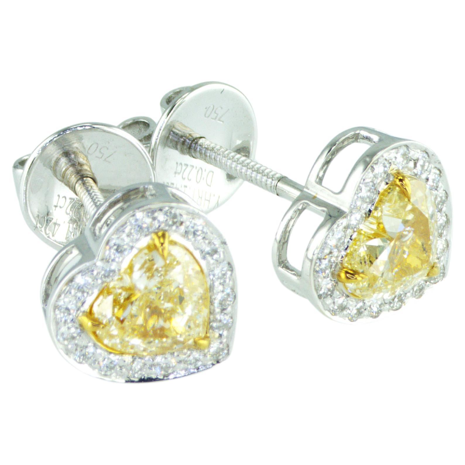 IDL certified 1.66 carat Fancy Yellow Heart shape natural diamonds Earrings For Sale