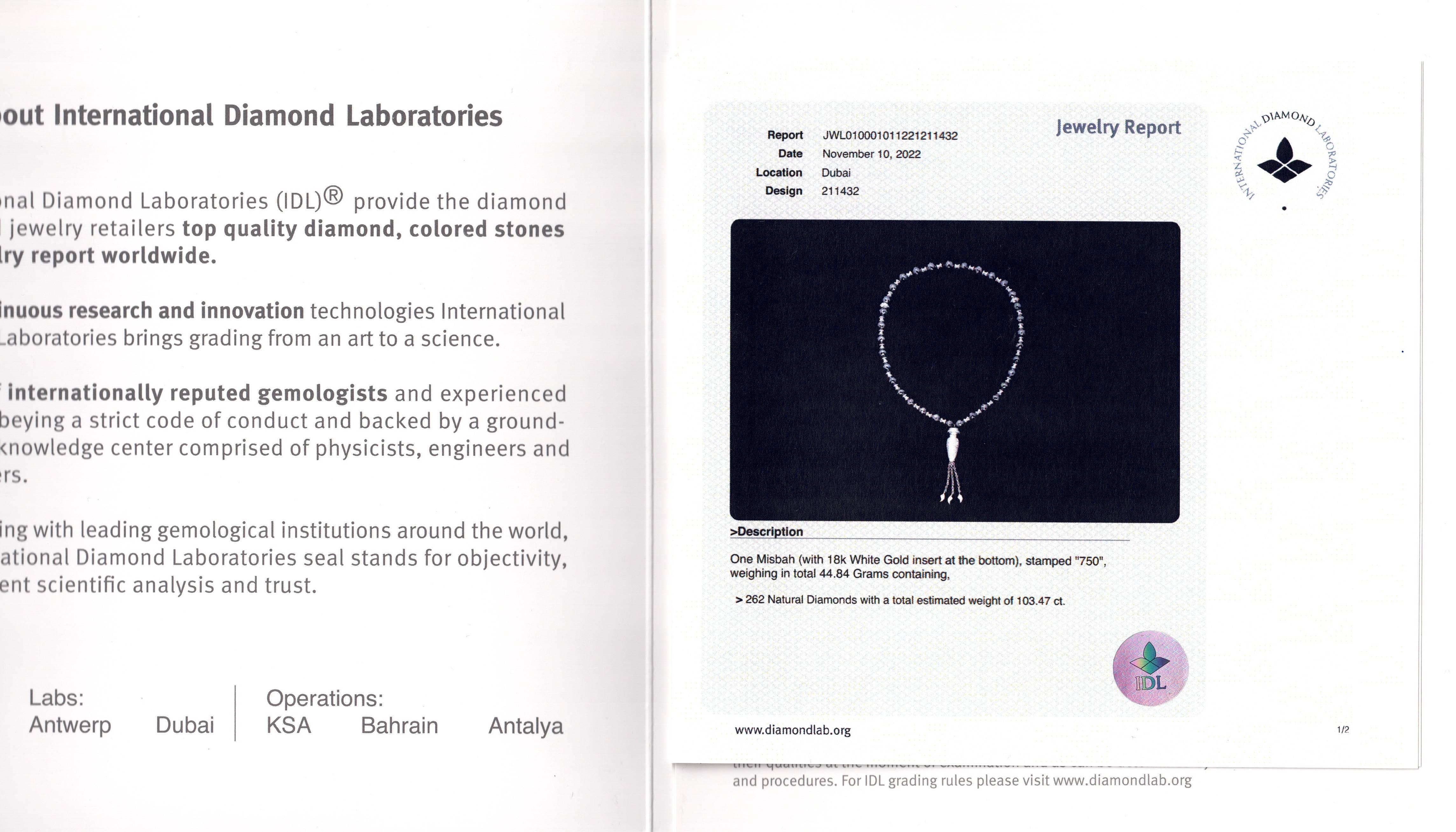 IDL Certified 18k White Gold Misbah 44.84 Gr with 262 Natural Diamonds 103.47 Ct For Sale 6