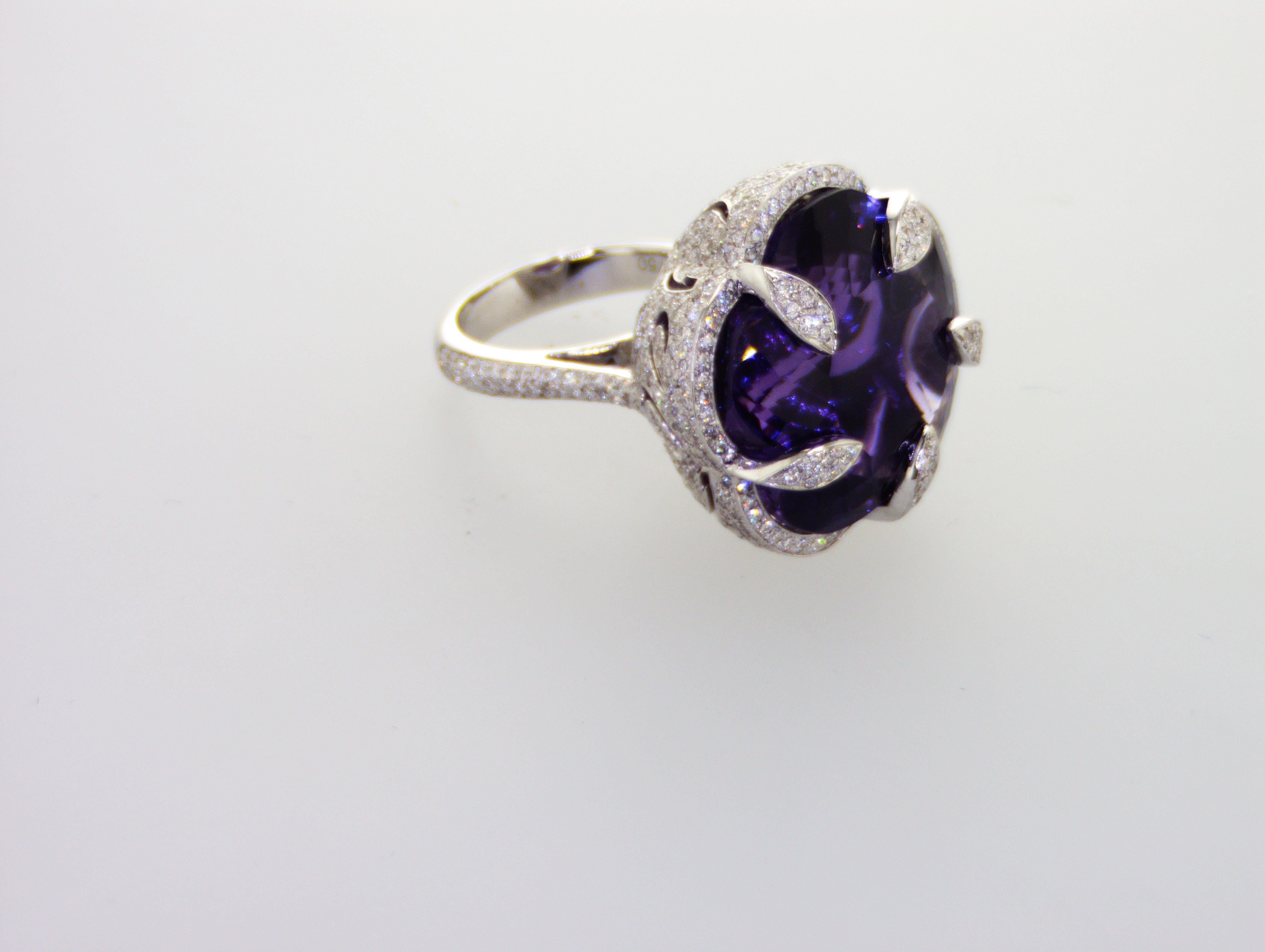 Amazing and unique IDL certified 35.38 ct Purple Amethyst and Diamonds (2.50 ct.) ring. This ring is something special and will definitely attract attention and make you stand out among of everyone.
Purple natural amethyst - 35.38 ct
703 natural