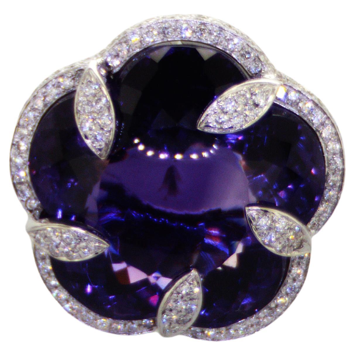 IDL Certified 5 Petels 35.38 ct Purple Amethyst and Diamonds Ring For Sale