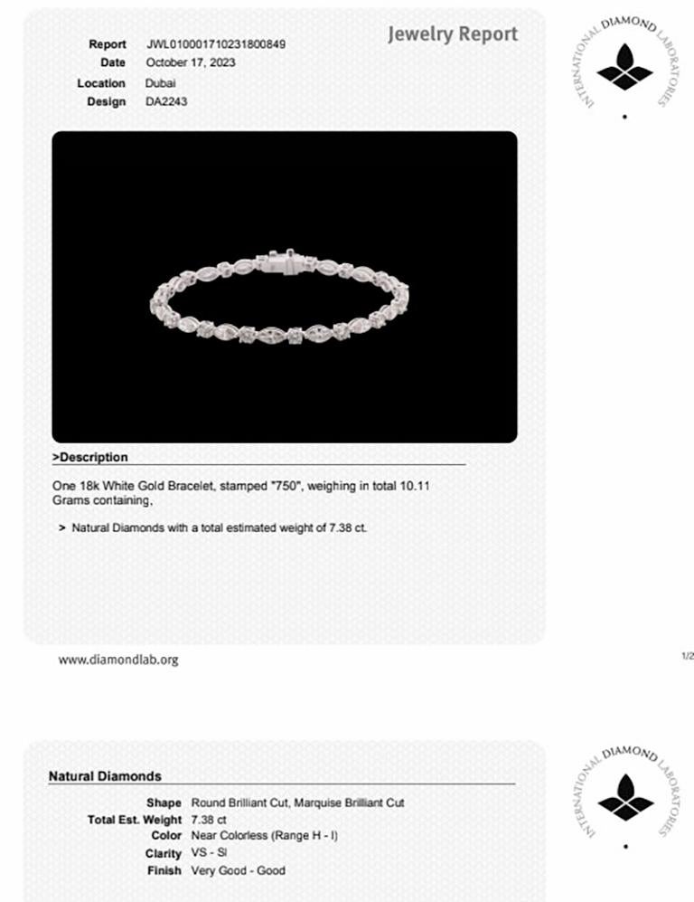 IDL Certified Diamond Tennis Bracelet Marquise and Round Cut 7.38 Carats 18K In New Condition For Sale In Aliso Viejo, CA