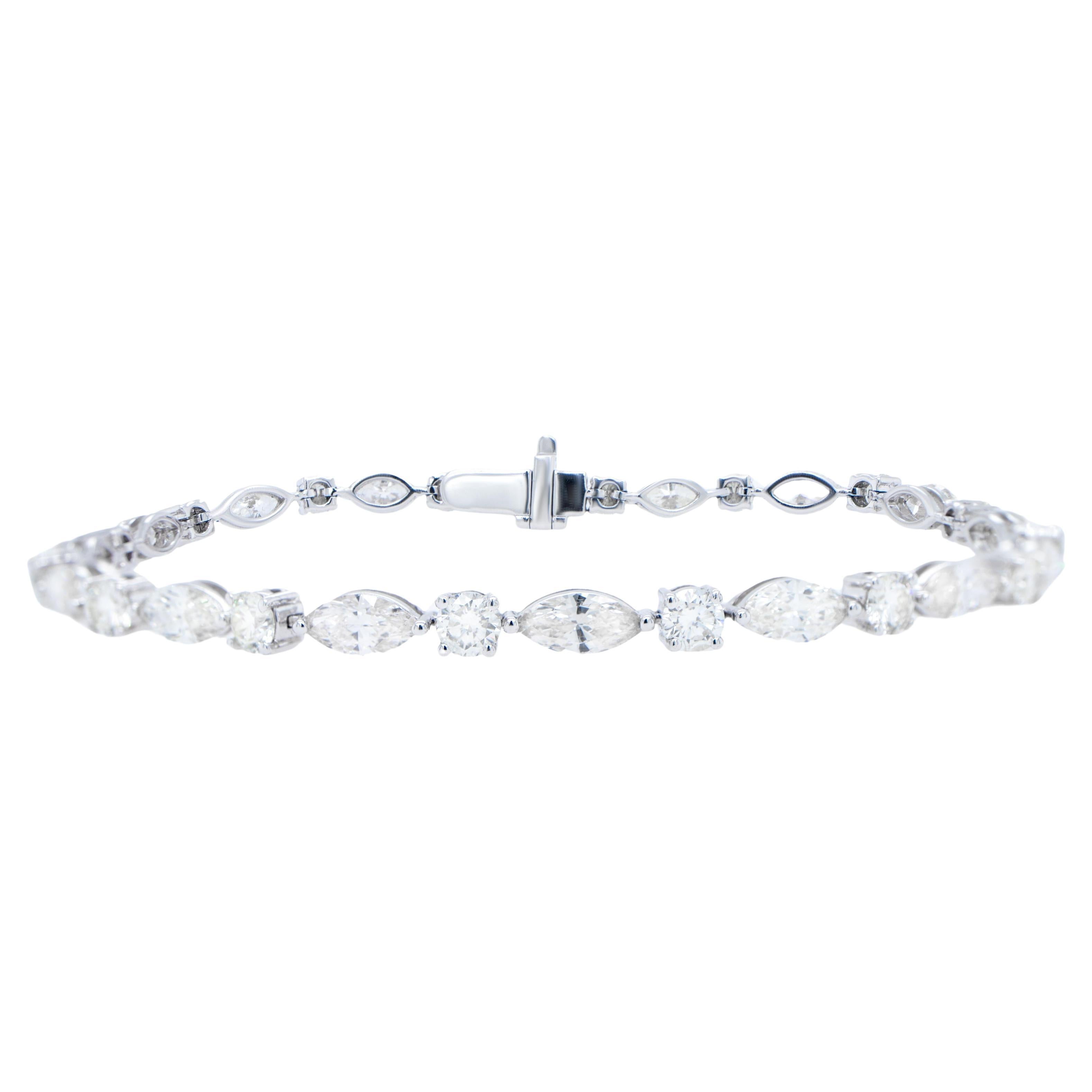 IDL Certified Diamond Tennis Bracelet Marquise and Round Cut 7.38 Carats 18K For Sale