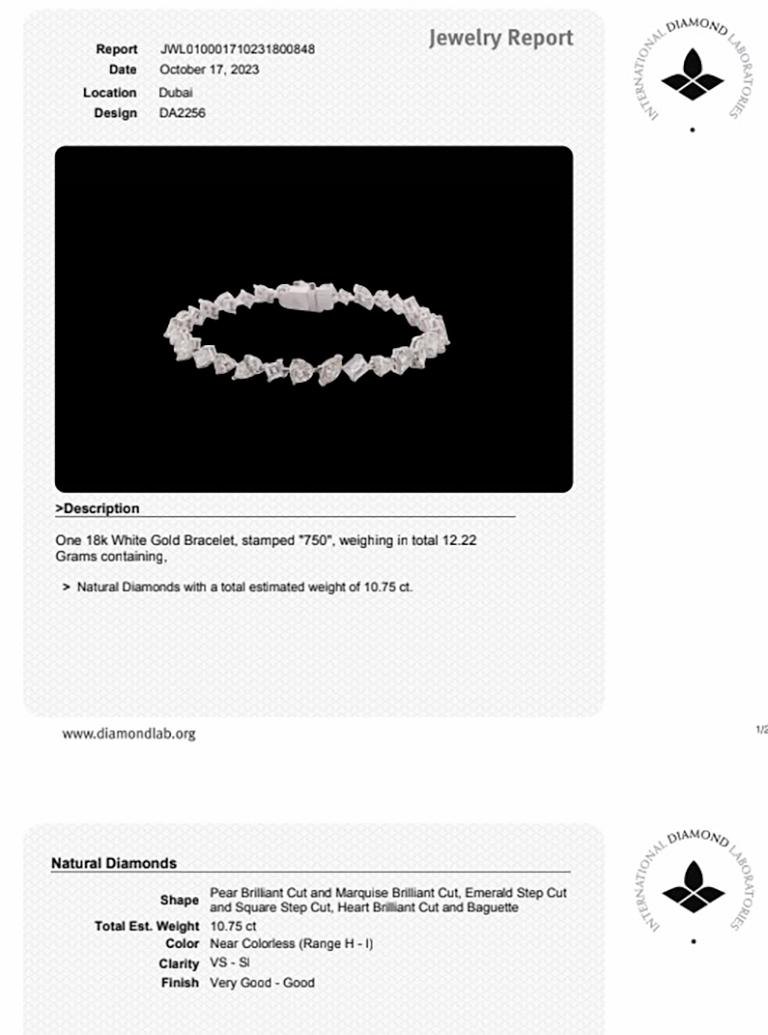 Women's or Men's IDL Certified Diamond Tennis Bracelet Mix Cut 10.75 Carats 18K White Gold For Sale