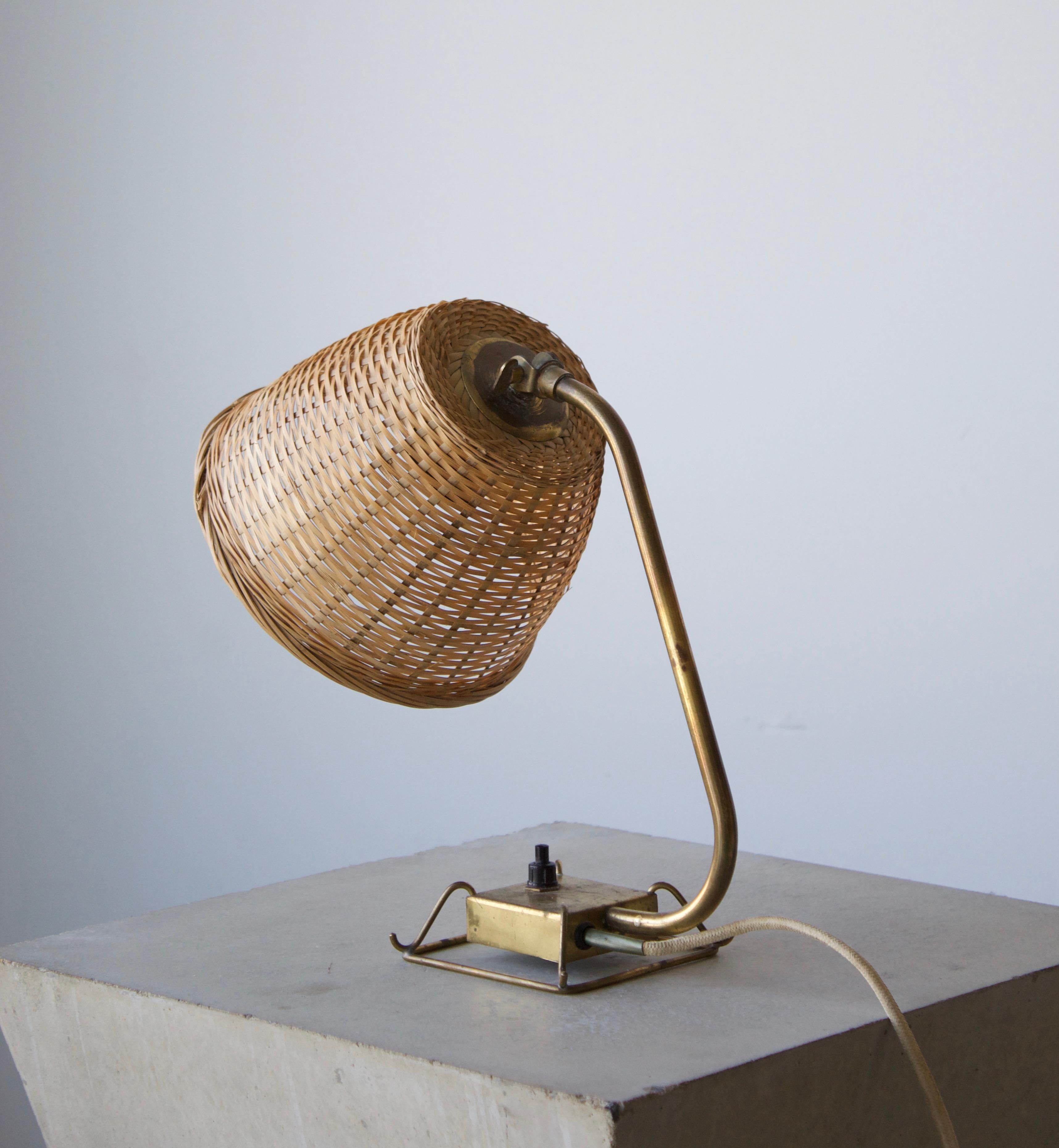 Finnish Idman, Adjustable Table Lamp, Brass, Rattan, Finland, 1950s