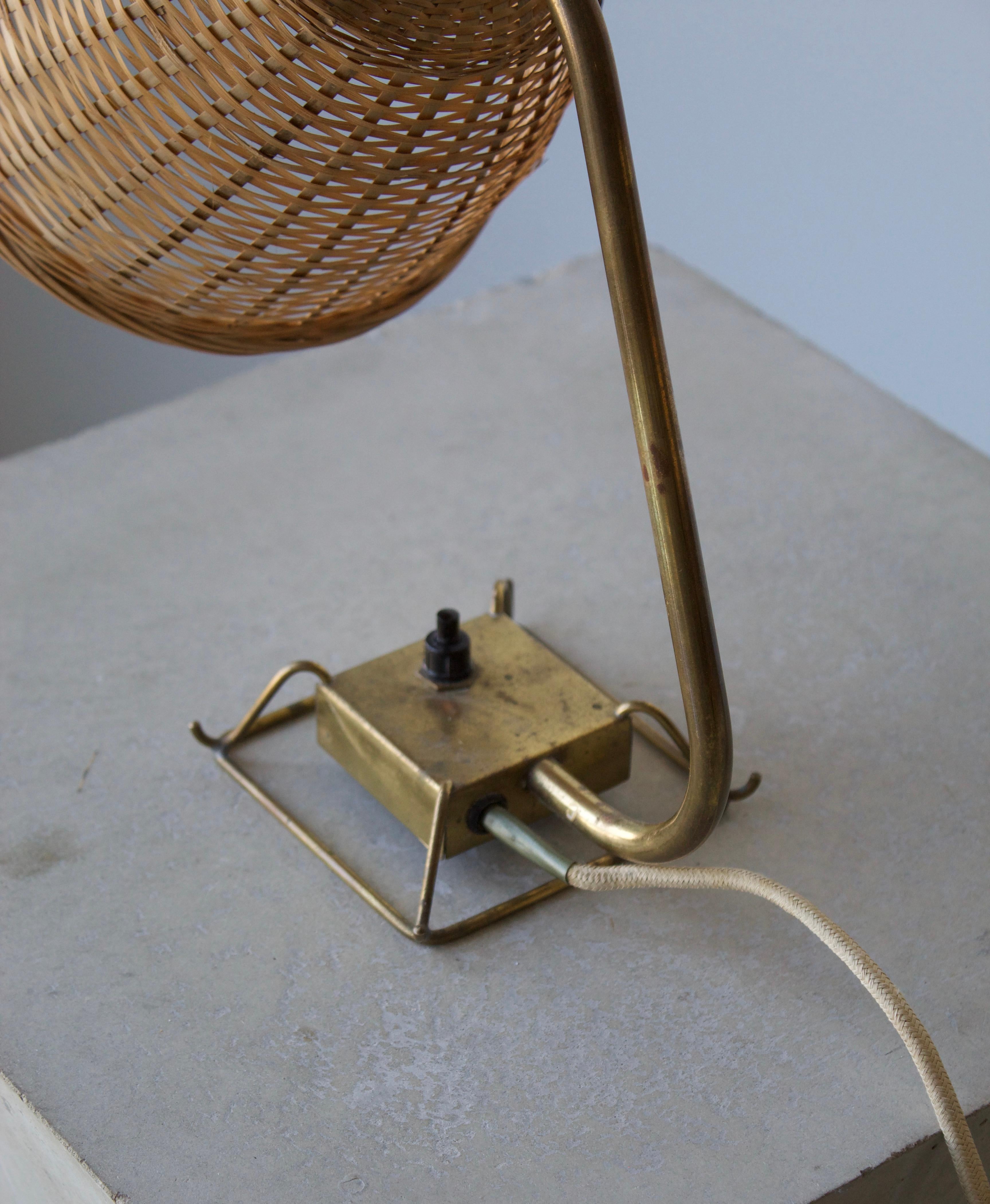 Idman, Adjustable Table Lamp, Brass, Rattan, Finland, 1950s 1