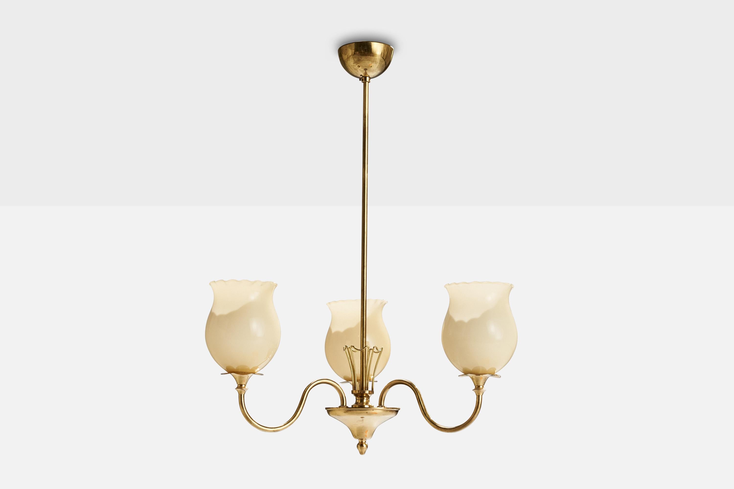 Scandinavian Modern Idman, Chandelier, Brass, Glass, Finland, 1940s For Sale