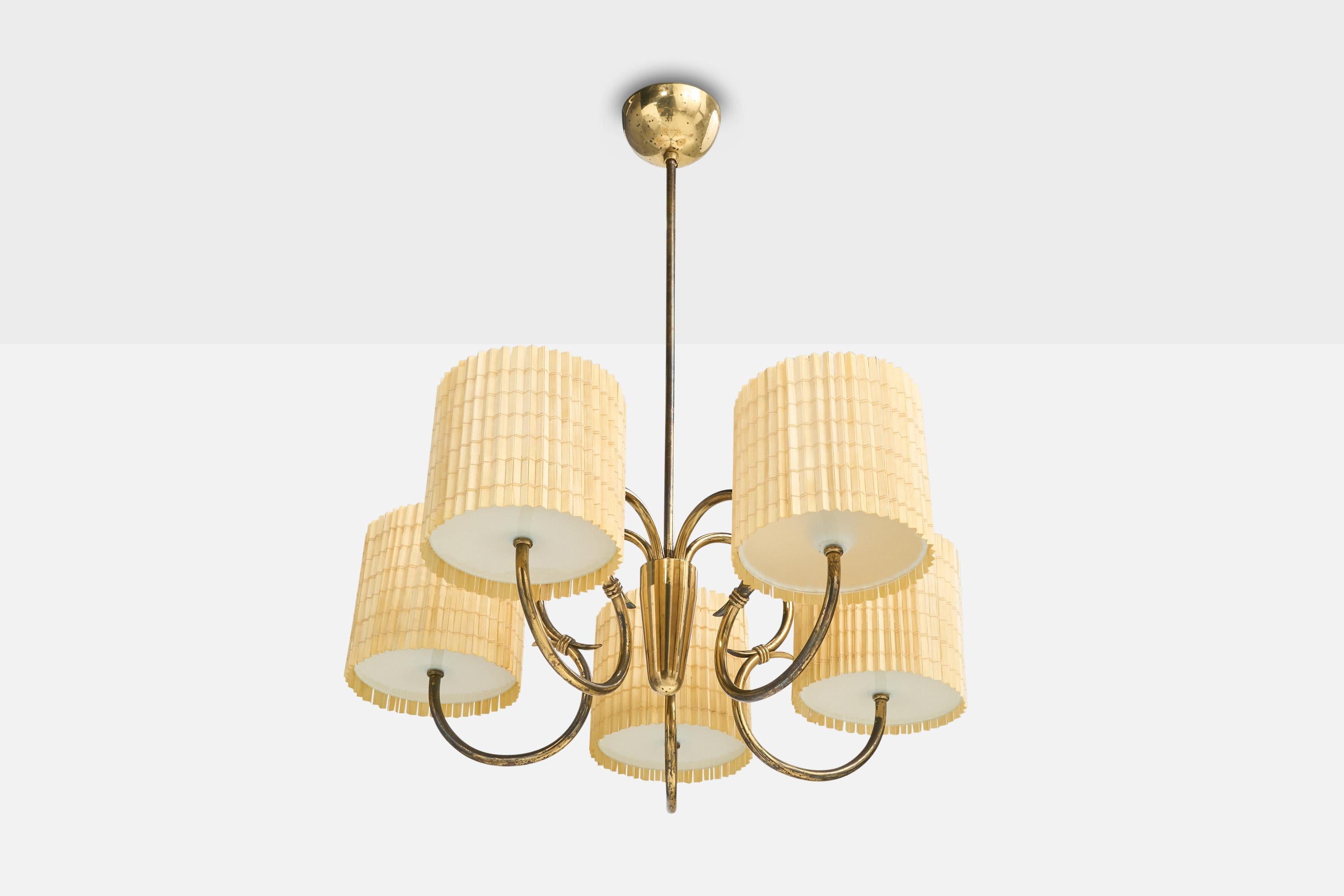 A brass, opaline glass and woven reed chandelier produced by Idman, Finland, c. 1950s.

Overall Dimensions (inches): 28” H x 21” Diameter

Dimensions of Canopy: 2.25“ H x 4” Diameter

Stem length: 19” H

Bulb Specifications: E-26 

Number of