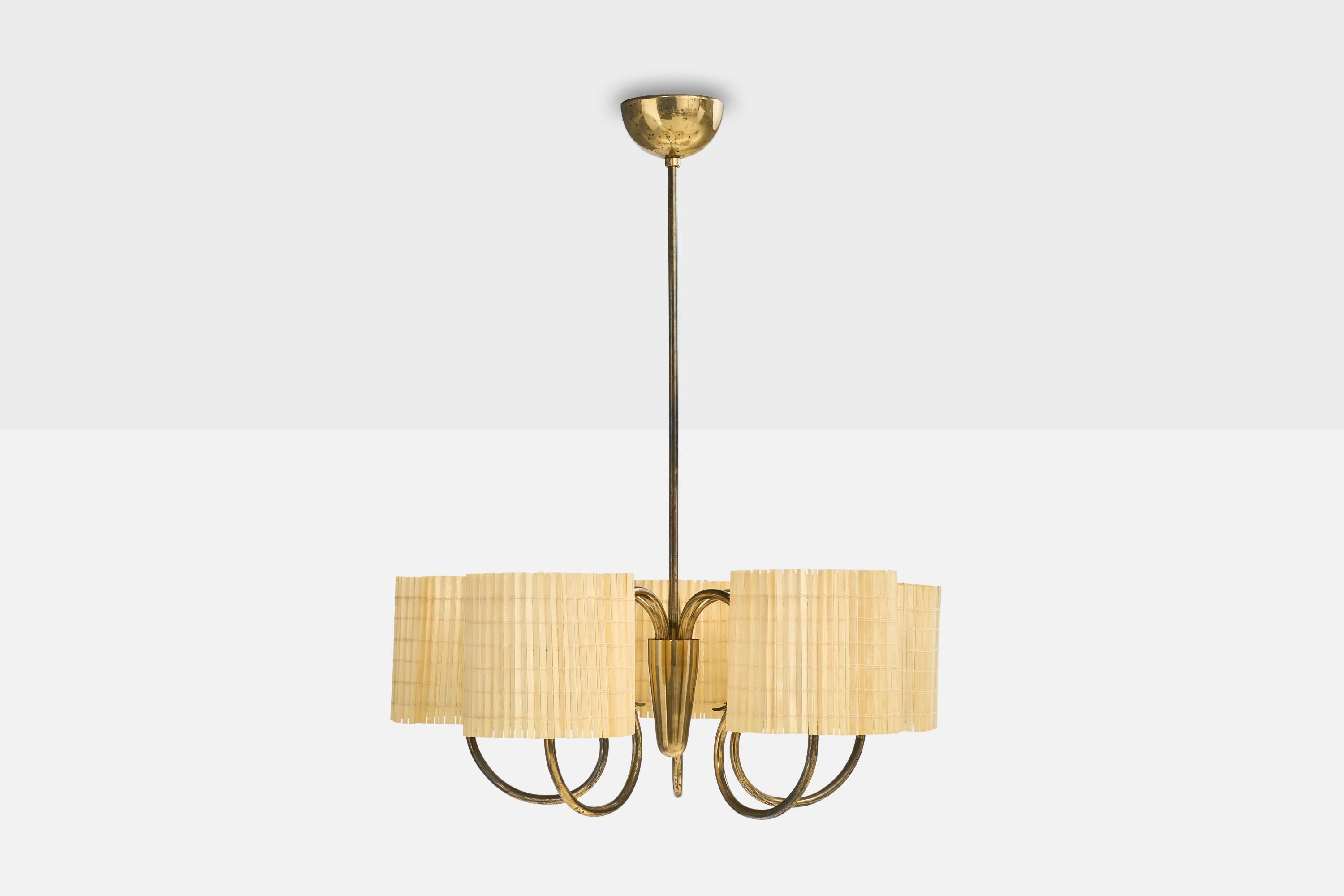 Scandinavian Modern Idman, Chandelier, Brass, Glass, Reed, Finland, 1950s