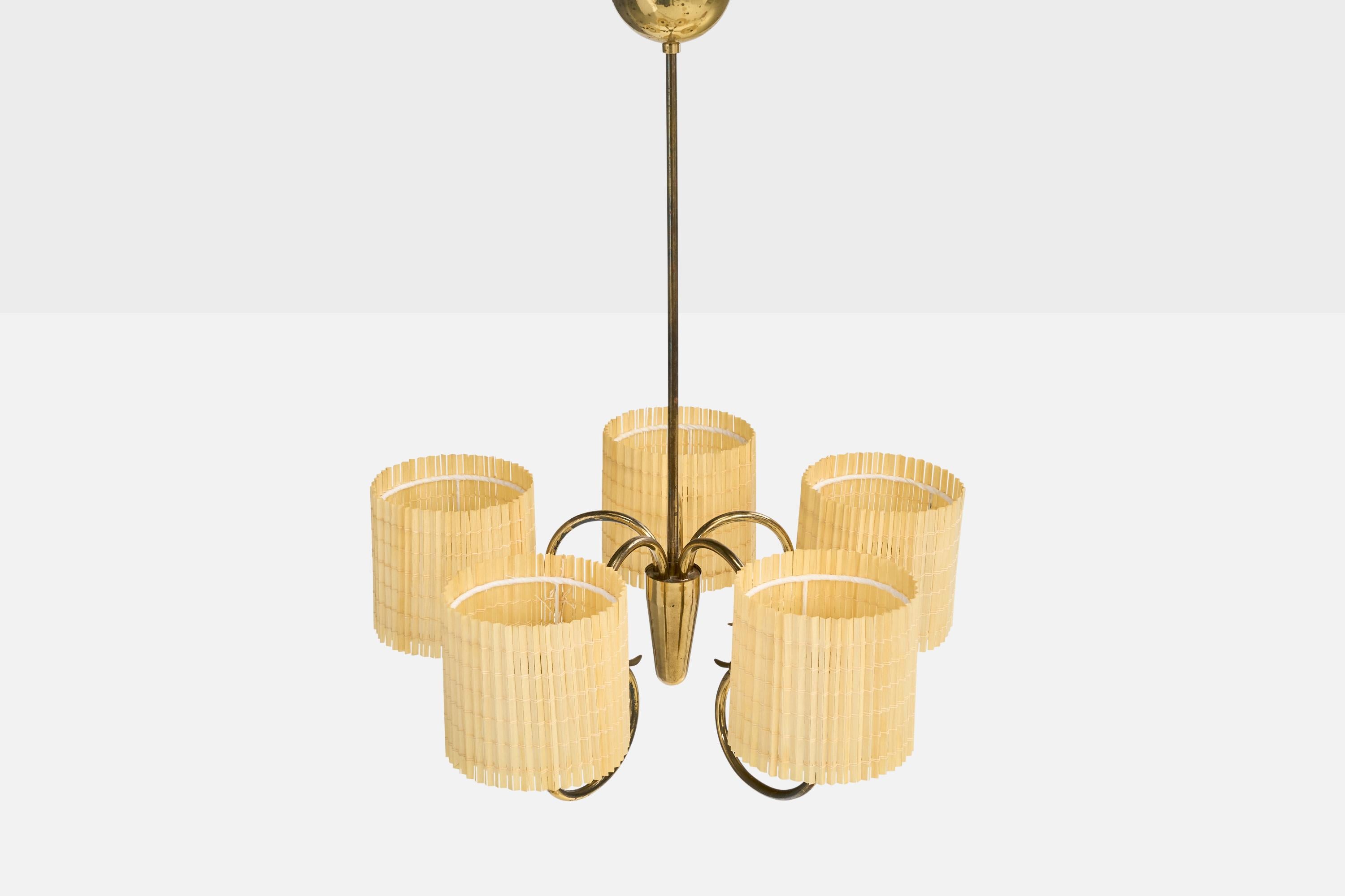 Finnish Idman, Chandelier, Brass, Glass, Reed, Finland, 1950s