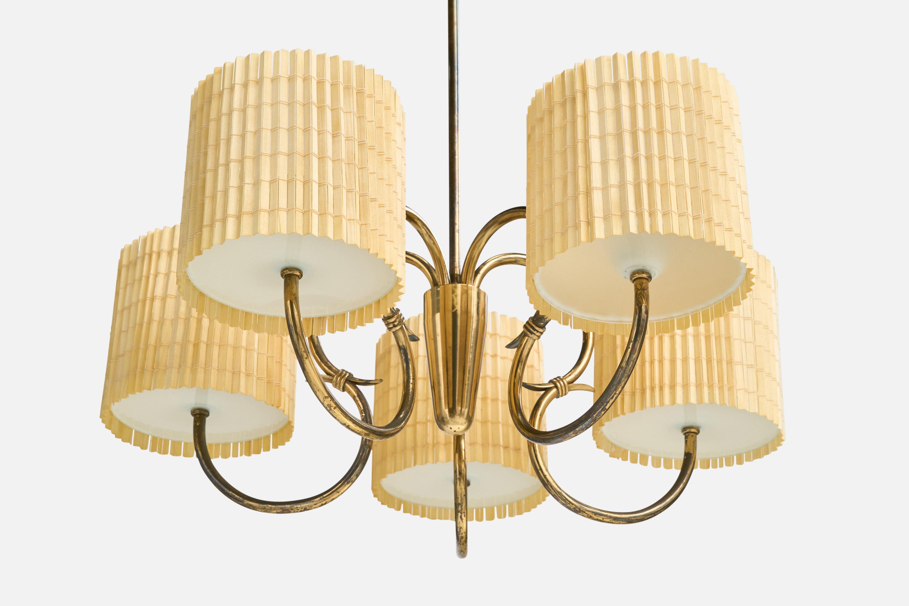Idman, Chandelier, Brass, Glass, Reed, Finland, 1950s In Good Condition In High Point, NC