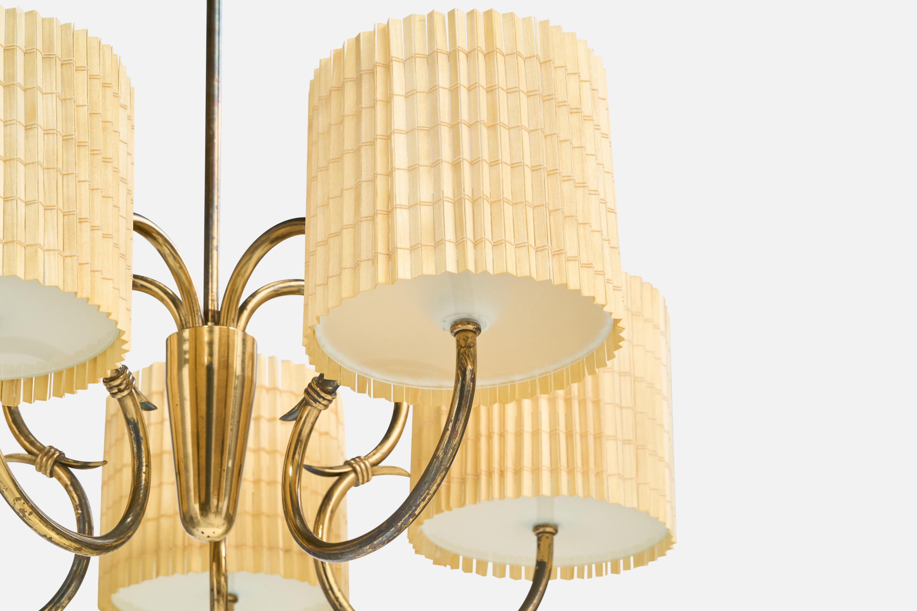 Mid-20th Century Idman, Chandelier, Brass, Glass, Reed, Finland, 1950s