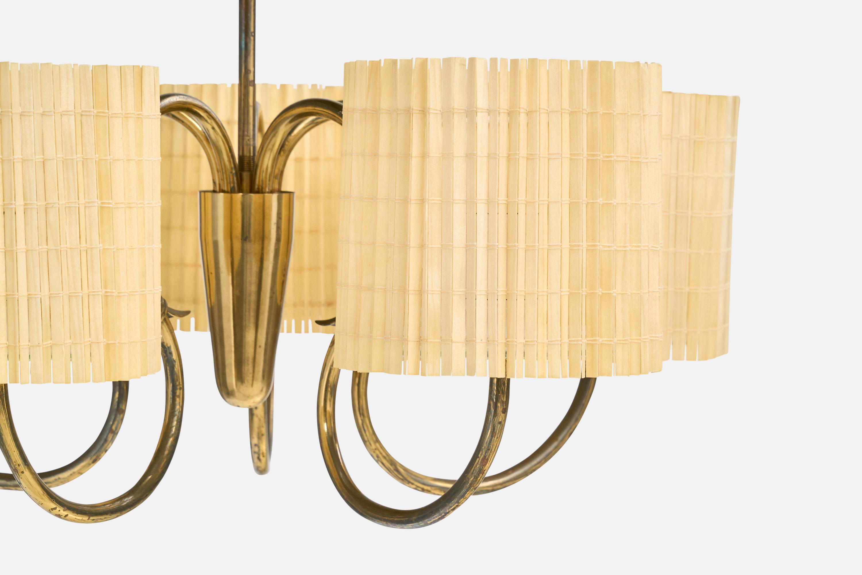 Idman, Chandelier, Brass, Glass, Reed, Finland, 1950s 1