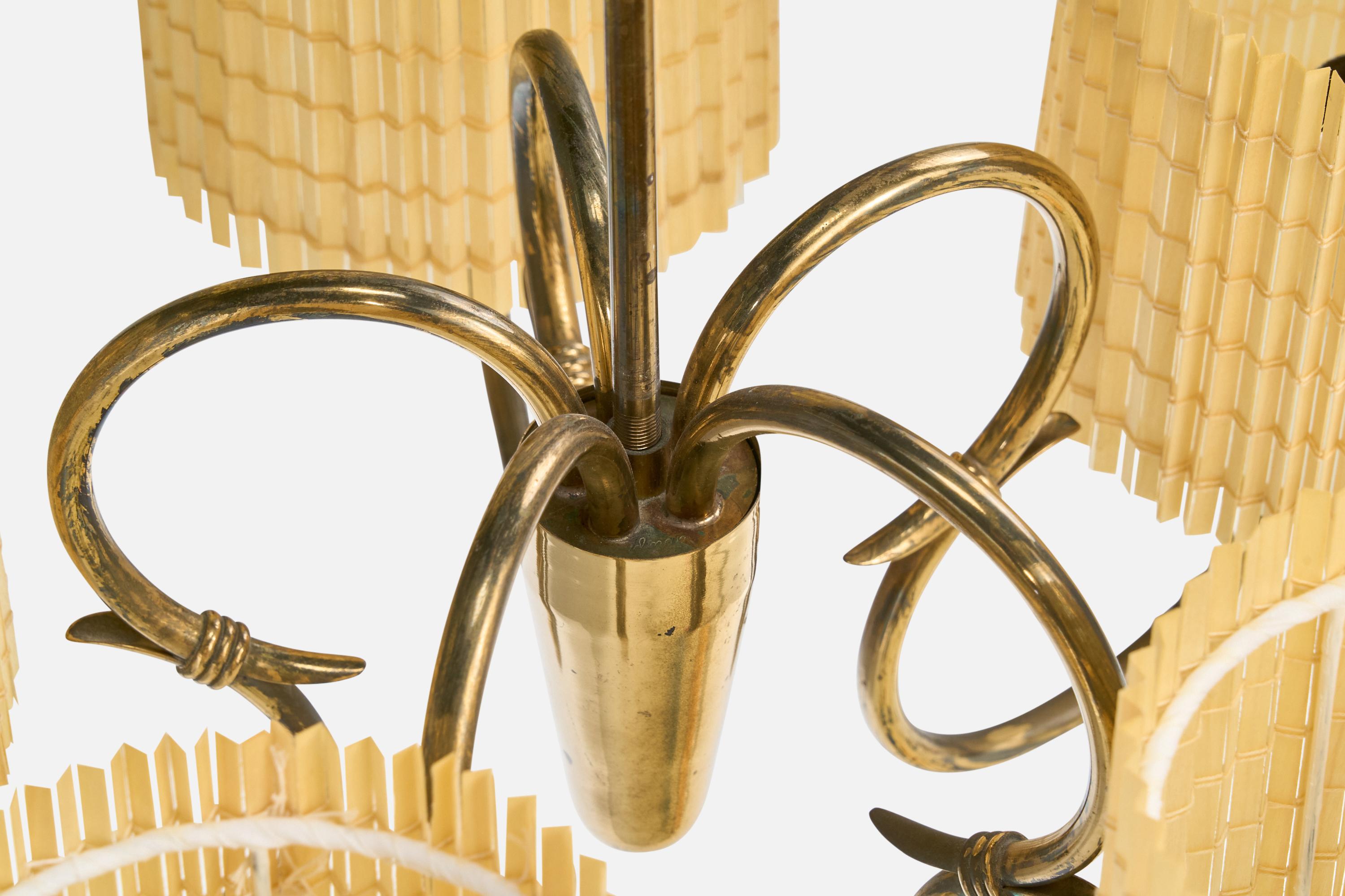Idman, Chandelier, Brass, Glass, Reed, Finland, 1950s 2