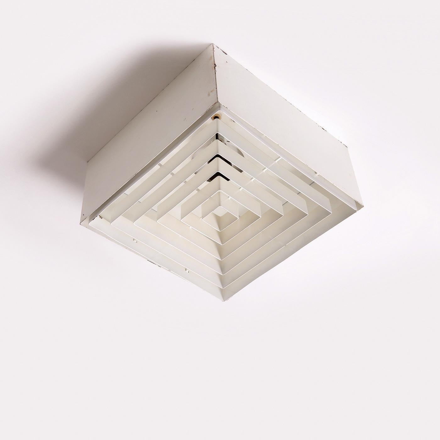 Square flush mount ceiling lamp (model 'H2-55/30'), produced by Idman in Finland, 1964. Made from white-lacquered metal. Removable metal grid. Manufacturer's stamp to the base. The lamp supports a single lightbulb. In original condition with