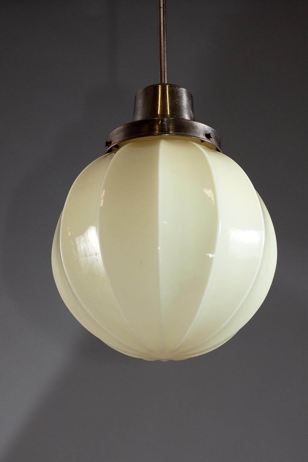 Plated Idman Oy, 1930's opaline ribbed glass ceiling lamp For Sale