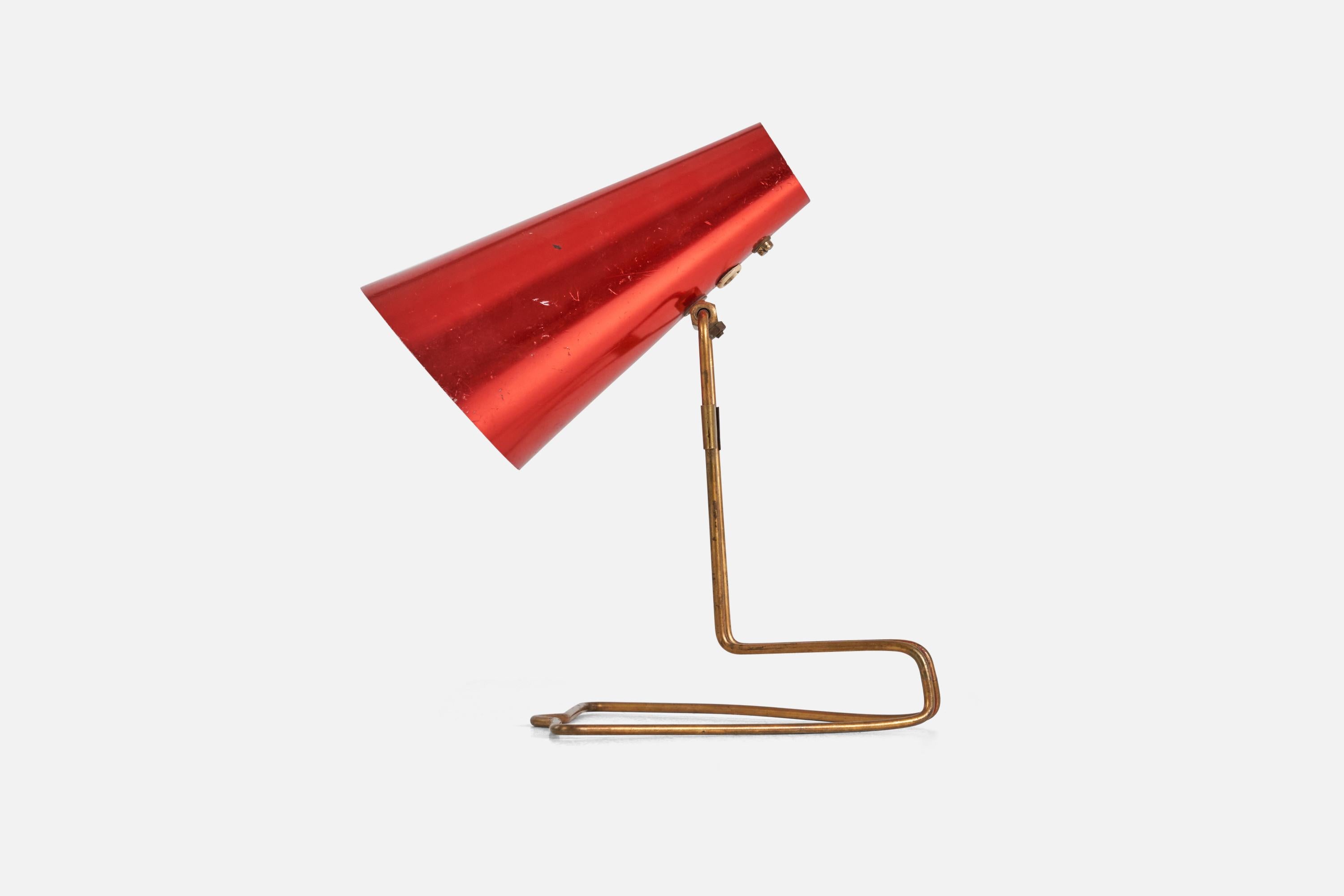 Finnish Idman Oy, Adjustable Table Lamp, Brass, Red-Lacquered Metal, Finland, 1950s For Sale